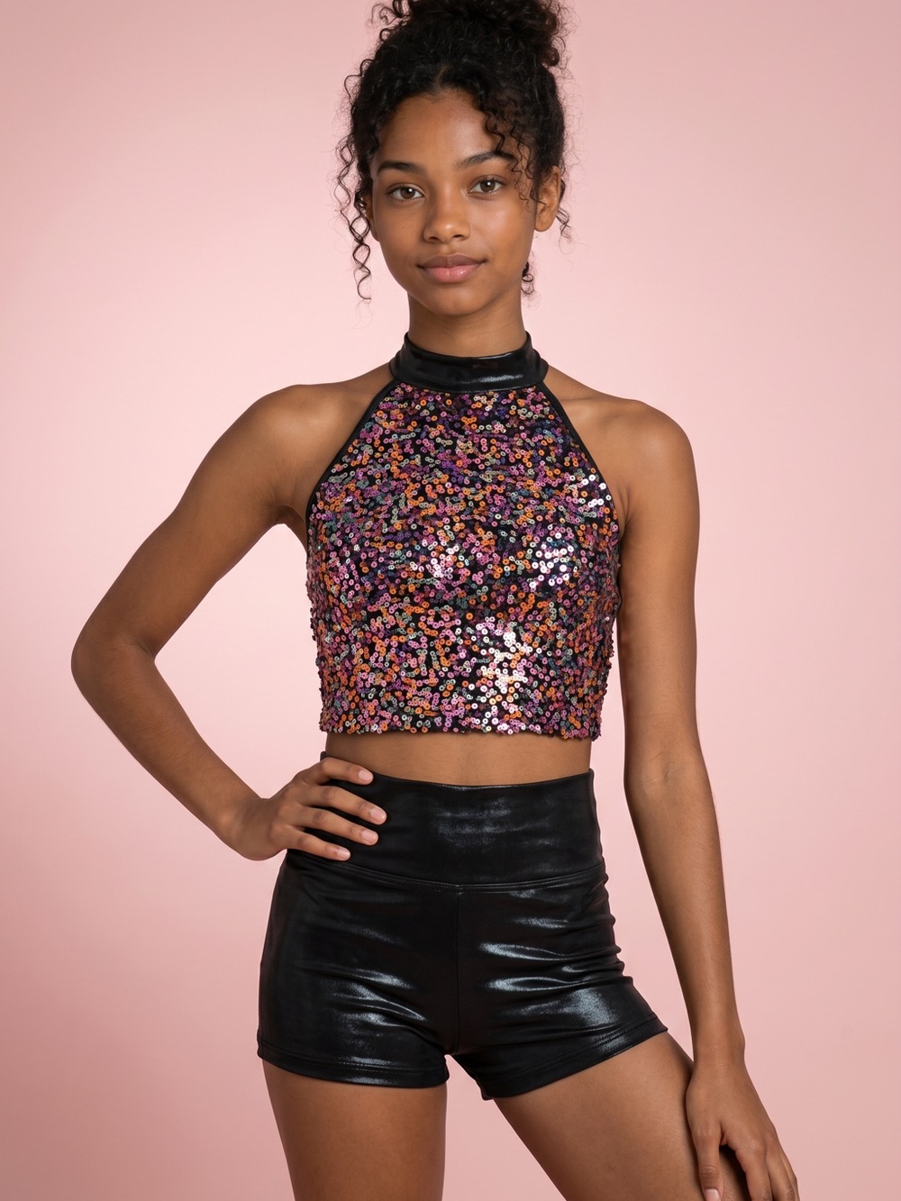 Jazzamatazz Pink Purple Sequin Jazz Tap Dance Performance Costume Black Shorts-S